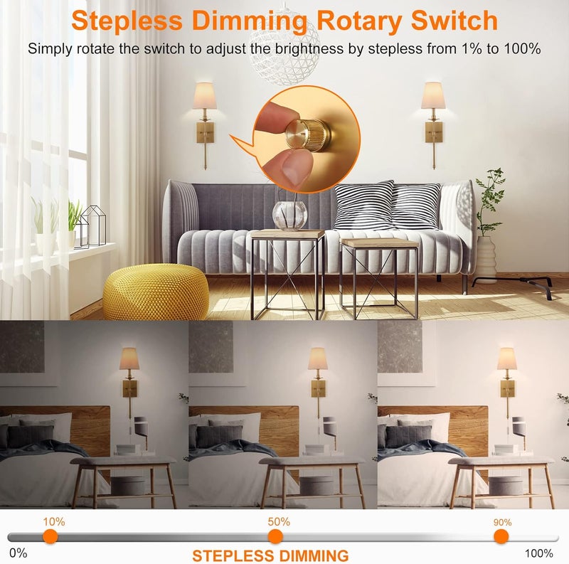 GOODATE Dimmable Wall Sconces Set of Two, Plug in Wall Sconces White Fabric Shade, Wall Lamp for Bedroom, Living room, Plug in Wall Light Sconces Wall Decor Set of 2, LED Bulbs Included, Antique Brass - Image 3